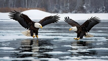 Obraz premium Two Bald Eagles in Flight Over Turbulent Water, Showcasing Their Majestic Presence and Dynamic Behavior in a Wild Setting.
