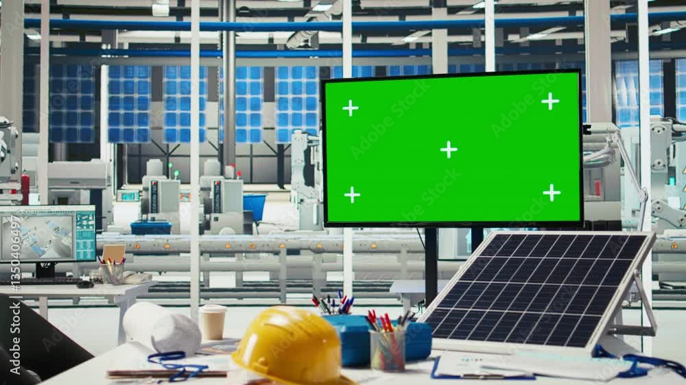 Poster mockup display in photovoltaics factory used to monitor system performance. isolated screen monitor 