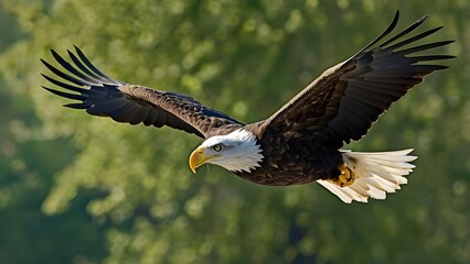 Fototapeta premium A bald eagle in flight with its wings spread wide.