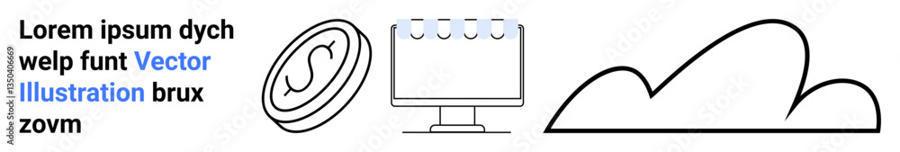 Poster coin icon with currency symbol, desktop monitor, and abstract cloud. ideal for finance, technology, 