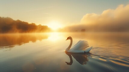 Fototapeta premium Elegant mute swan gliding across tranquil lake at sunrise smooth water reflections soft golden hues detailed white feathers serene atmosphere professional nature photography