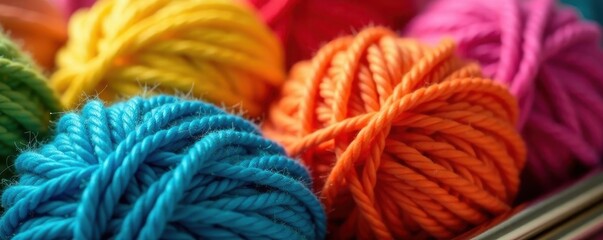 Close-up of colorful yarn balls and metallic knitting needles , knitting supplies, fiber