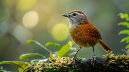 Chestnut winged babbler perched a mossy branch soft golden and brown feathers illuminated under diffused jungle light ultra realistic sharpness