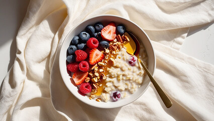 A bowl of oatmeal topped with berries, nuts, and honey, representing a nutritious and wholesome breakfast