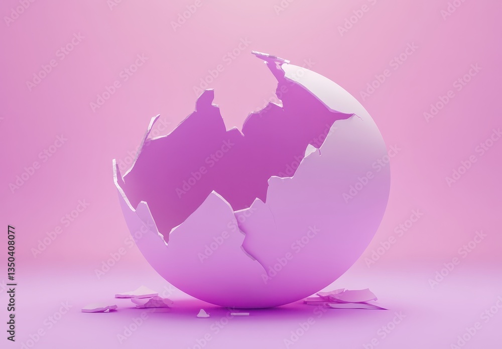 Poster elegant broken eggshell on a soft pink background with shattered pieces, symbolizing fragility and n