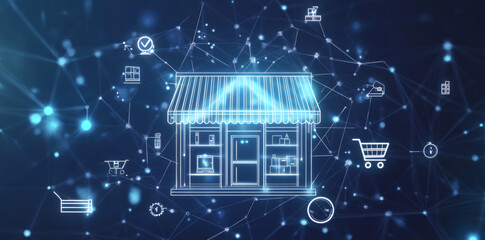 Digital Storefront Illustration on Dark Blue Background with Network Connections and Geometric Shapes
