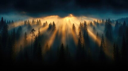 Fototapeta premium Sunrise through misty forest canopy