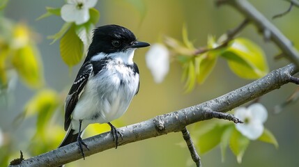 Collared flycatcher perched a low tree branch contrasting black and white plumage soft blurred meadow background high resolution lifelike details
