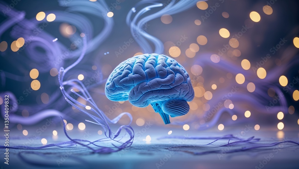 Aufkleber floating blue brain with luminous threads against a blurred background of sparkling lights