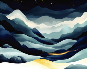 Mesmerizing Abstract Night Landscape Vector with Serpent and Starry Sky - Surreal Blue and Gold Mountains, Serene Wilderness, Artistic Nature Illustration