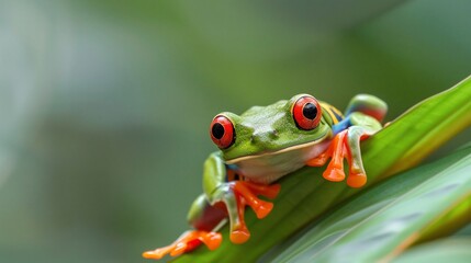 Fototapeta premium Red-eyed tree frog rainforest leaf closeup, nature