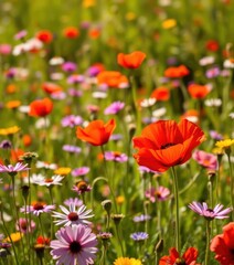 Fototapeta premium Vibrant red poppy amidst a field of wildflowers, bathed in sunlight, natural beauty, macro, nature