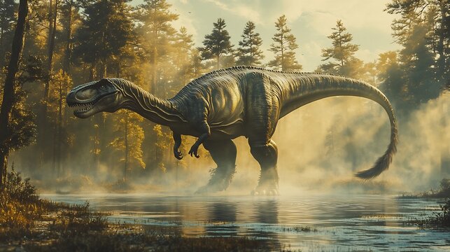 Gigantic Argentinosaurus moving through prehistoric wetland massive form dwarfing surrounding trees air thick mist colossal dinosaurs long tail sways gracefully sending ripples through a shallow lake