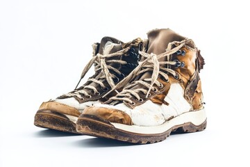 Worn Hiking Boots on White Background