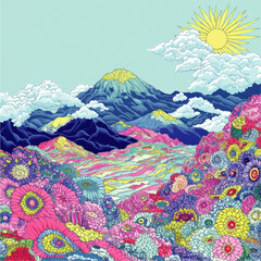 Vibrant Psychedelic Landscape Vector Art with Colorful Flowers, Majestic Mountains, Cloudy Blue Sky, and Radiant Sun - Ideal Abstract Nature Illustration