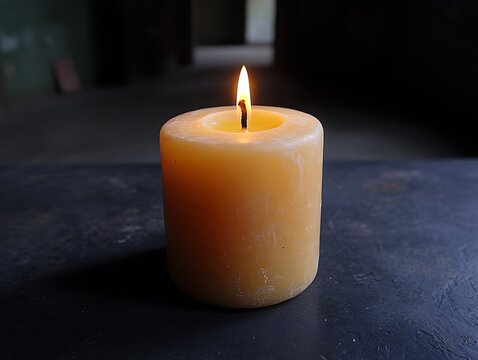 A single lit candle rests on a dark and textured surface