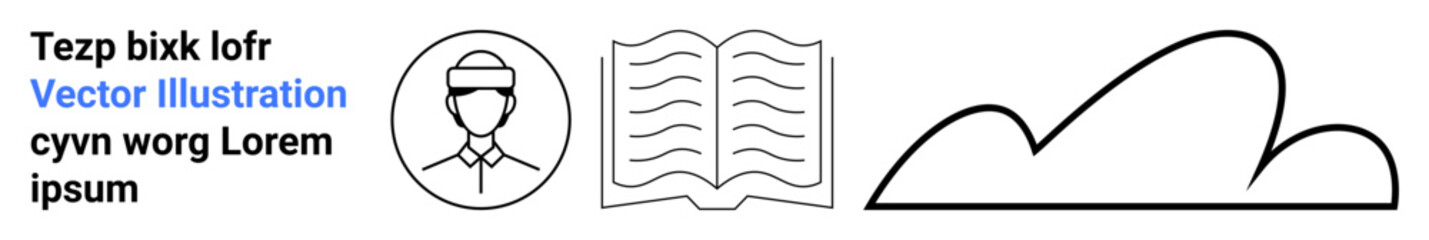 Avatar icon, open book with text lines, outlined cloud paired with bold text. Ideal for education, online learning, reading concepts, knowledge sharing, documentation, cloud storage simple landing