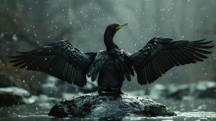 Cormorant spreading wings on a rock detailed wet feathers glistening in sunlight dark moody background professional natural composition