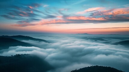 Mountaintop sunrise, cloudscape, valley fog, scenic view, travel poster