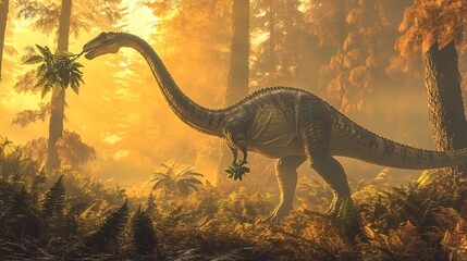 Graceful Massospondylus wandering through prehistoric woodland long neck extended reaches fresh leaves golden morning light casts warm glow over ancient ferns and trees creating a serene atmosphere
