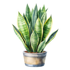 Elegant hand-drawn watercolor illustration of a snake plant on transparent background, perfect for botanical, nature, and modern decor designs