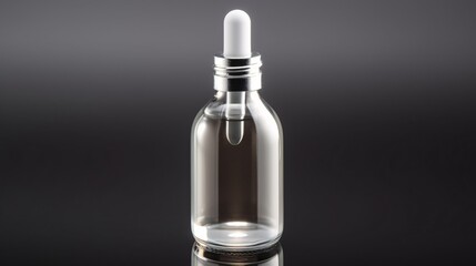 Clear Glass Bottle with Dropper for Essential Oils or Serum on a Dark Reflective Surface