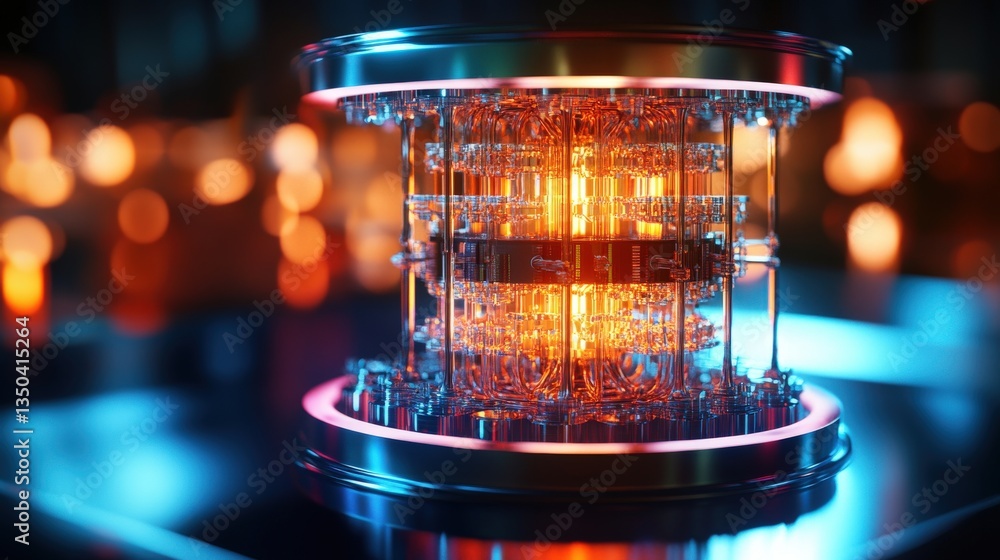 Poster futuristic glowing quantum computer shown in a close up display