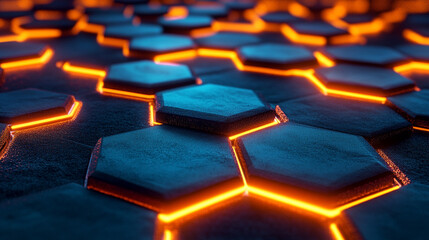 Futuristic hexagonal tiles glowing with orange light on a dark surface, creating a vibrant atmosphere