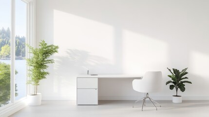 Minimalist white home office with a view.  Bright, clean workspace with natural light streaming through large windows overlooking a tranquil landscape