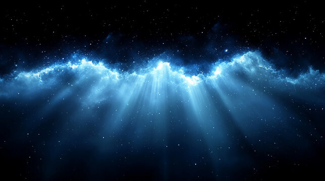 A bright light explodes in the dark universe, symbolizing new beginnings and endless possibilities, creating a vivid blue horizon that represents hope and transformation