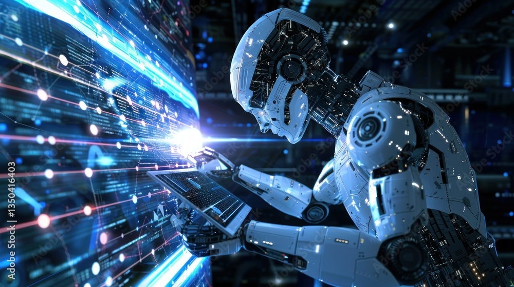 Poster a digitally generated image of a robot creating digital illustrations.