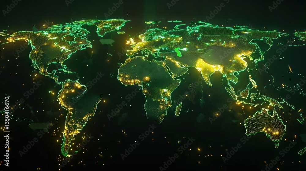 Poster a digitally generated 3d world map with countries highlighted.