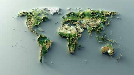 A digitally generated 3D world map with countries highlighted.