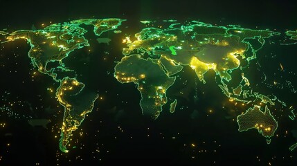 A digitally generated 3D world map with countries highlighted.