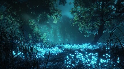 A digitally generated image of a forest with glowing bioluminescent plants.
