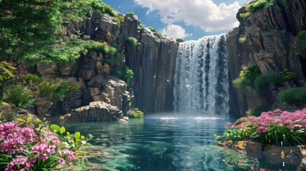A digitally generated image of a waterfall in a peaceful natural environment.