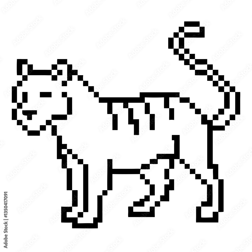 Poster a pixelated tiger in a side view with striped pattern, showcasing a retro or minimalist aesthetic. t