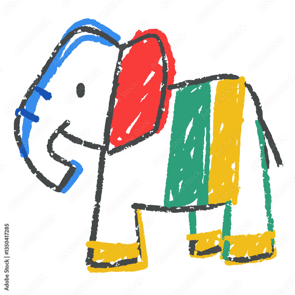 Poster a colorful hand-drawn elephant with a joyful expression. the elephant is depicted with vibrant color