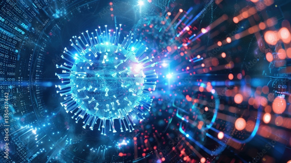 Poster a digitally generated image of a coronavirus in space surrounded by data.
