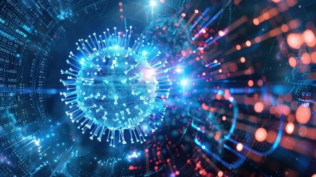 A digitally generated image of a coronavirus in space surrounded by data.