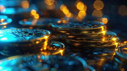 A digitally generated image of a stack of glowing coins.