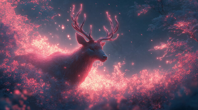 Majestic deer illuminated by glowing foliage in an enchanting forest at twilight