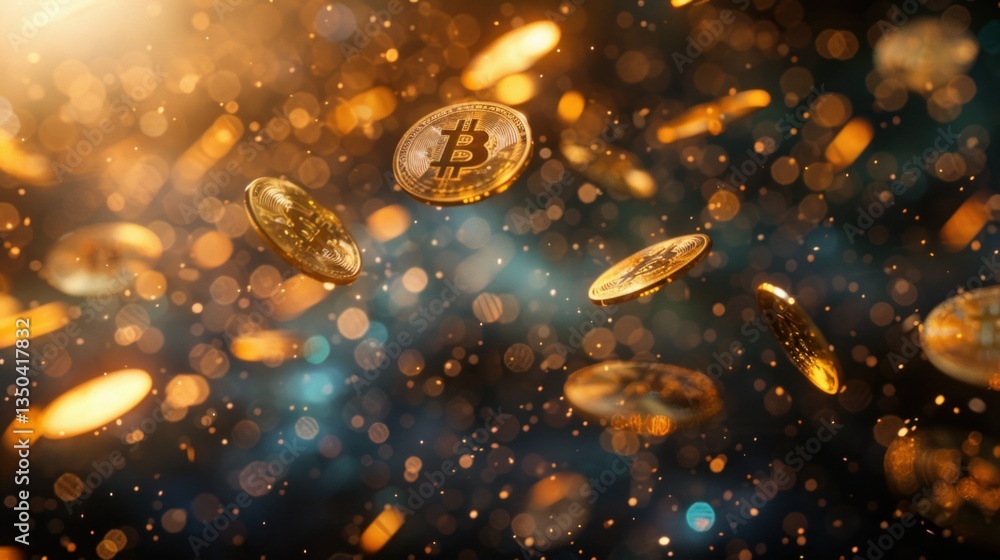 Poster a digitally generated image of digital coins floating in space.