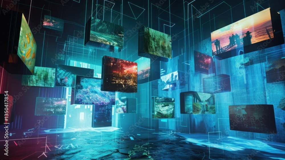 Poster a digitally generated image of floating video screens displaying different scenes.