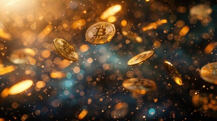 A digitally generated image of digital coins floating in space.