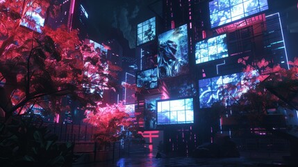 A digitally generated image of floating video screens displaying different scenes.