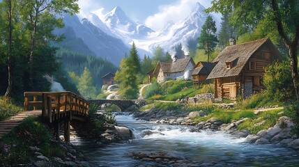 Mountain village nestled beside a rushing river, beneath snow-capped peaks.  Tranquil alpine landscape