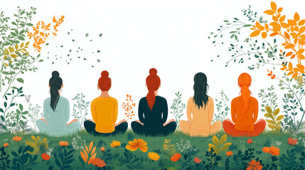 Five women engage in meditation amidst a vibrant garden during the calming hours of a sunny afternoon in autumn, fostering tranquility and connection with nature
