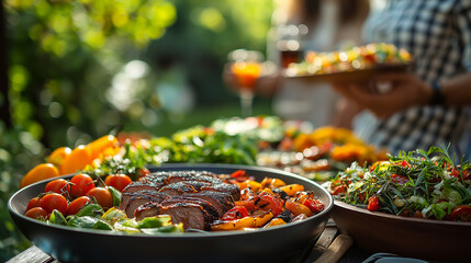 Obraz premium Delicious outdoor feast featuring grilled meats and vibrant salads amidst a sunlit garden setting by cheerful companions