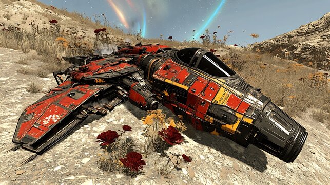 A crashed red spaceship rests on an alien planet surface